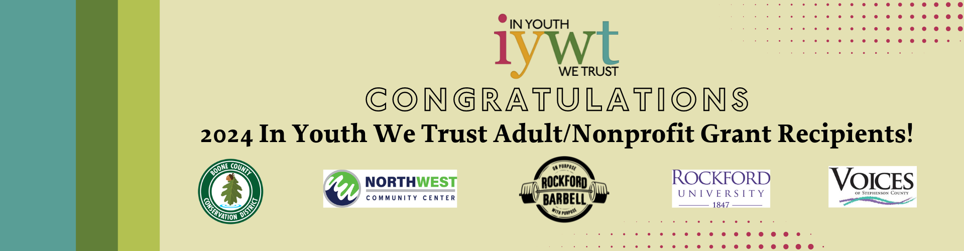 five organization logos under the heading Congratulations 2024 In Youth We Trust Adult/Nonprofit grant recipients