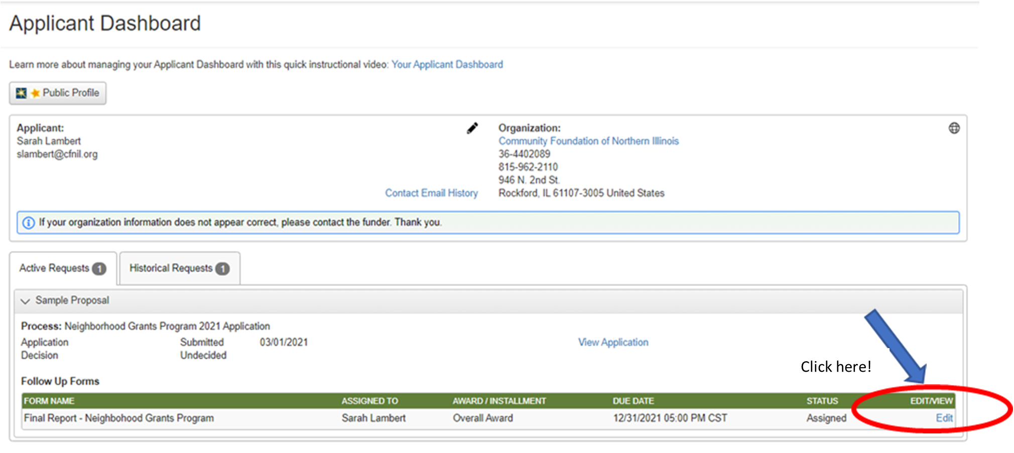 Screenshot of the grant applicant's Applicant Dashboard with red circle around blue link "Edit" 