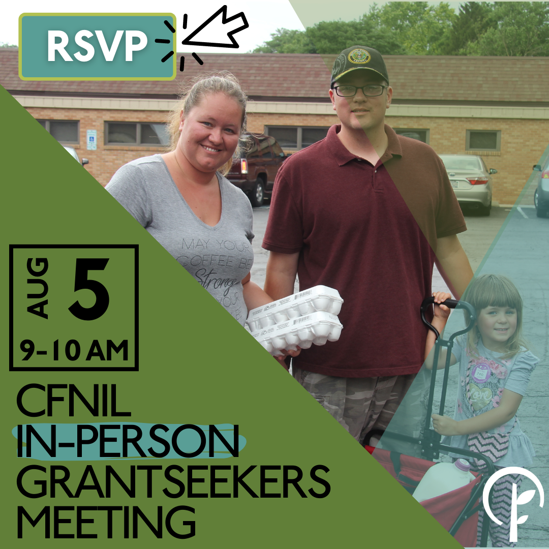 background image of a family in a parking lot with a wagon full of groceries. Button at top left says "RSVP" with a cursor icon hovering over. Text at bottom left reads "August 5, 9-10am, CFNIL in-person grantseekers meeting"
