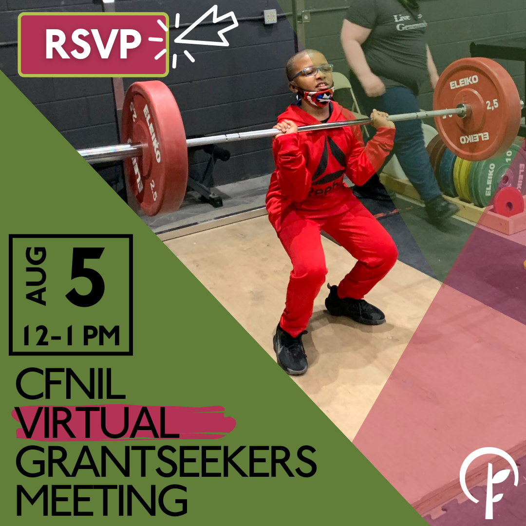 background image of a young man weightlifting. Button at top left says "RSVP" with a cursor icon hovering over. Text at bottom left reads "August 5, 12-1pm, CFNIL virtual grantseekers meeting"