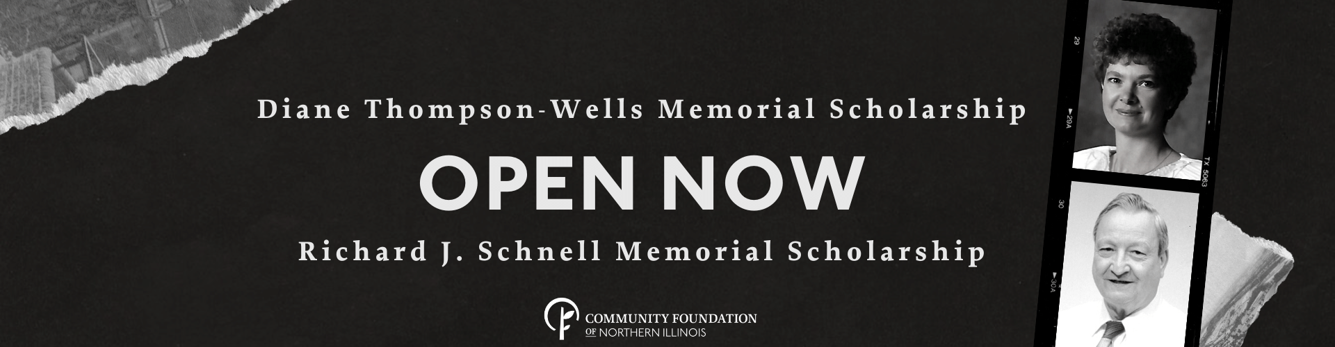 Diane Thompson-Wells Memorial Scholarship and Richard J. Schnell Memorial Scholarship Open Now. Black and white pictures of Diane Thompson-Wells and Richard J. Schnell.