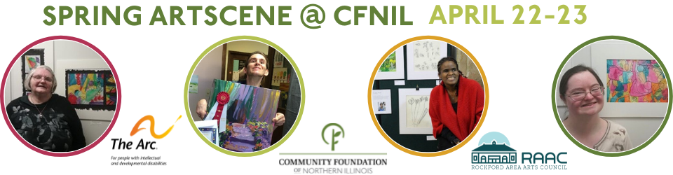 Pictures of smiling people showing off their artwork. Text reads: Spring ArtScene @ CFNIL April 22-23.