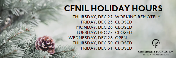 Background image closeup of a snow-covered pine tree and pine cone. Text reads CFNIL Holiday Hours