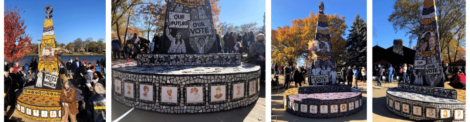 Pictures of a sculpture covered with mosaic tiles portraying people and messages celebrating women's suffrage