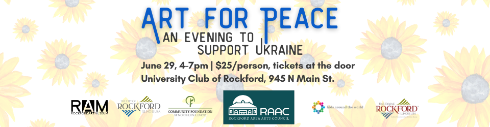 background is a pattern of sunflowers of varying sizes. Framed painting of a blue sky over a green and yellow field. Text reads: Art for Peace - an evening to support Ukraine. Wednesday, June 29, 4-7pm. University Club of Rockford