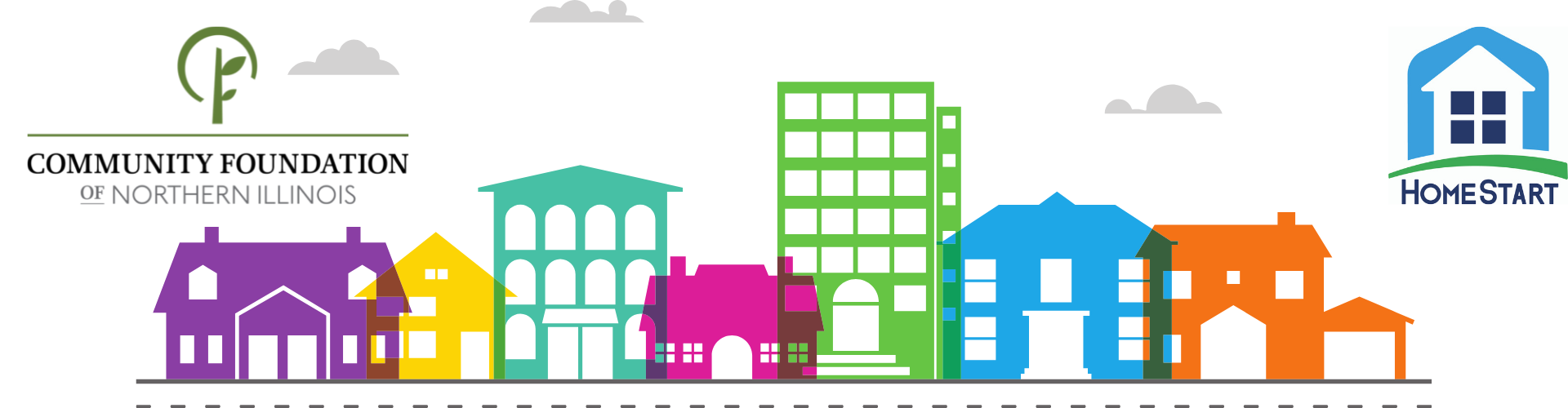 Graphic of brightly colored buildings representing a neighborhood. Logos of the Community Foundation of Northern Illinois and HomeStart.