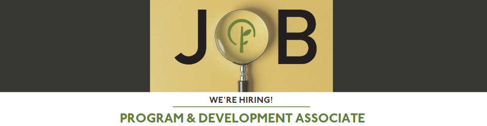 the word JOB with a magnifying glass forming the letter "O". Text below reads We're Hiring! Program & Development Associate