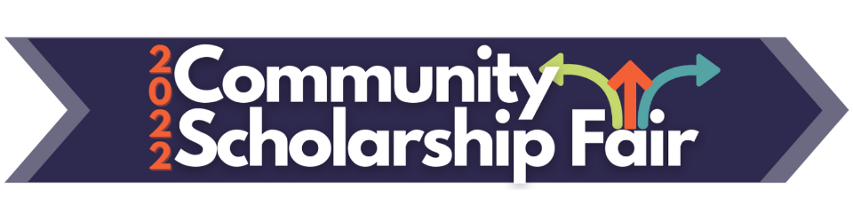 Purple arrow overlaid with the words 2022 Community Scholarship Fair