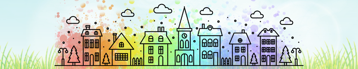 graphic of blue sky white clouds and black line drawing of row of houses