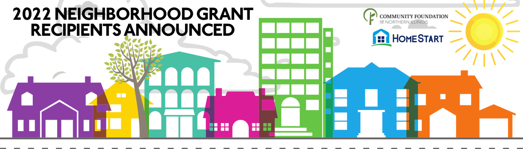 graphic of colorful houses and buildings along a street. sunshine, clouds, and trees in the background. Title reads: 2022 Neighborhood Grant Recipients Announced