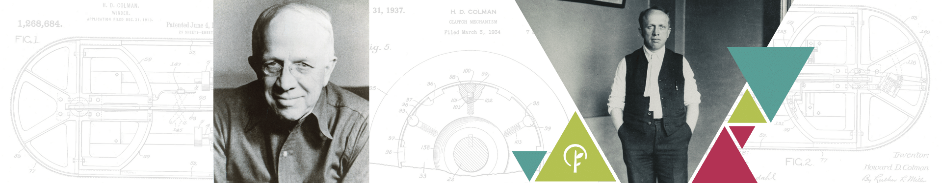 Two pictures of Howard Colman in front of blueprints of some of his inventions.