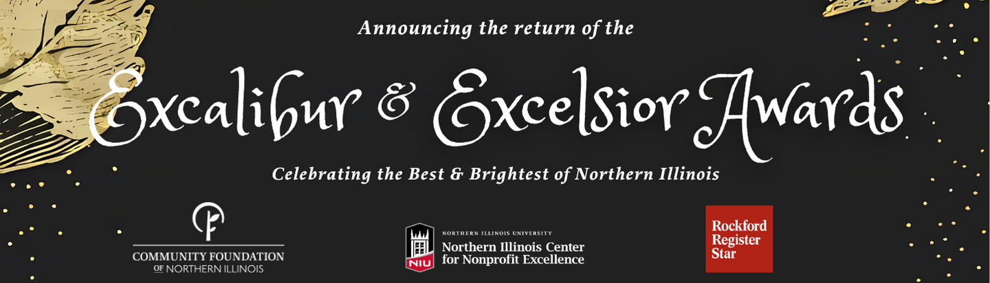 Picture of champagne flutes spilling gold glitter in background. Text reads Announcing the return of the Excalibur and Excelsior Awards, celebrating the best and brightest of northern Illinois