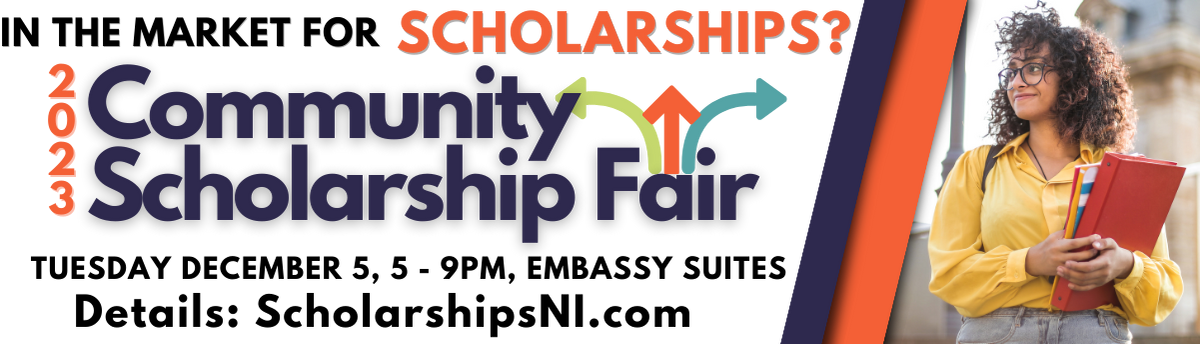 picture of a girl carrying books with a description of the community scholarship fair