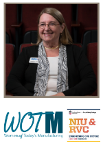 WoTM Ruthann Gaston Women in Engineering Scholarship. Photo of Ruthann Gaston, logos for WOTM and NIU & RVC Engineering Program