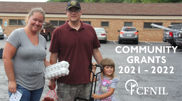 Community Grants 2021 - 2022. CFNIL logo. Family with groceries.