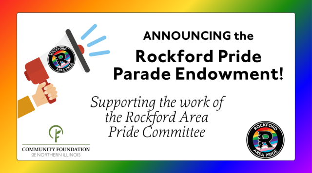 rainbow background graphic text in foreground Announcing the Rockford Pride Parade Endowment