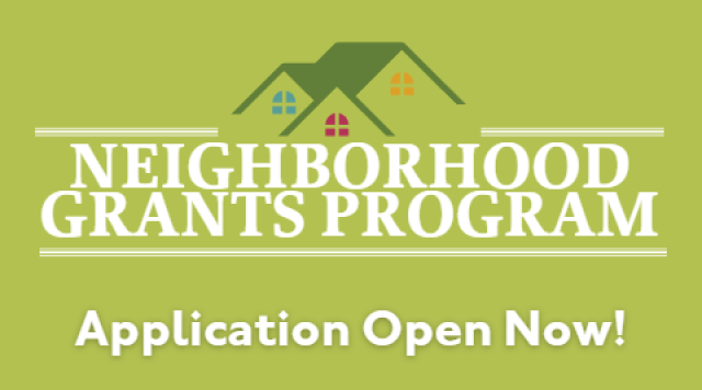 green background. graphic of the roof peaks and windows of a house. Text reads Neighborhood Grants Program: application open now!