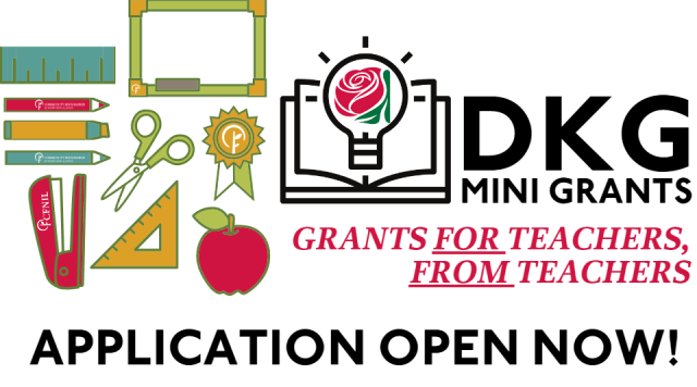 bright colored classroom supplies such as pencils and rulers at the left and right borders. Logo in the center reads DKG Mini Grant Program: Grants for teachers, from teachers
