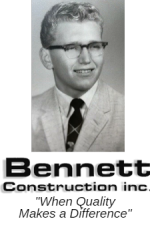 Black and white picture of a young man in a suit, Rod Bennett, smiling at the camera. Logo for Bennett Construction inc. and the tagline "When Quality Makes a Difference"