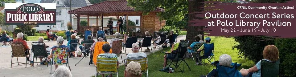 Polo Public Library Outdoor Concert Series. May 22, June 19, July 10. Polo Public Library logo. 