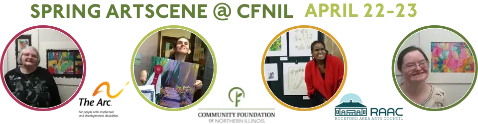Pictures of smiling people showing off their artwork. Text reads: Spring ArtScene @ CFNIL April 22-23.