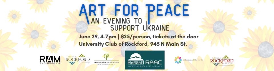 background is a pattern of sunflowers of varying sizes. Framed painting of a blue sky over a green and yellow field. Text reads: Art for Peace - an evening to support Ukraine. Wednesday, June 29, 4-7pm. University Club of Rockford