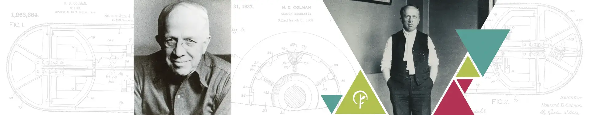 Two pictures of Howard Colman in front of blueprints of some of his inventions.
