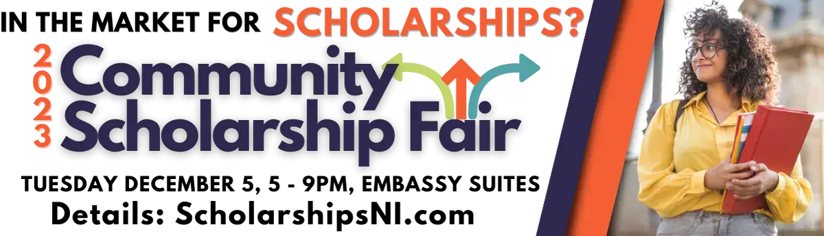 picture of a girl carrying books with a description of the community scholarship fair