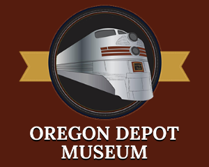 Graphic of a silver train engine and the words Oregon Depot Museum