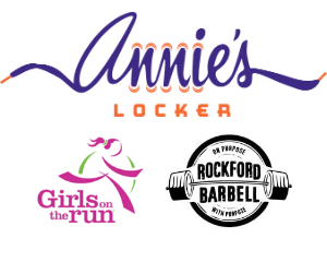 Three logos: Annie's Locker, Girls on the Run, and Rockford Barbell