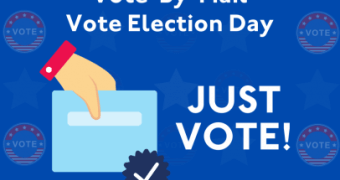 There's still time to place your vote, pictures of red and blue signs with text that reads vote, picture of a hand holding a ballot