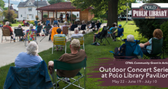 Polo Public Library Outdoor Concert Series. May 22, June 19, July 10. Polo Public Library logo.
