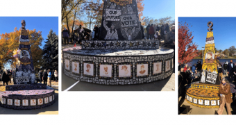 Pictures of a sculpture covered with mosaic tiles portraying people and messages celebrating women's suffrage