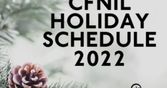 Background image closeup of a snow-covered pine tree and pine cone. Text reads CFNIL Holiday Hours