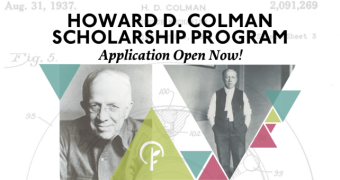 Howard D. Colman Scholarship Program application open now. Two pictures of Howard Colman in front of a blueprint of one of his inventions.