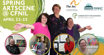 Pictures of smiling people showing off their artwork. Text reads: Spring ArtScene @ CFNIL April 22-23.