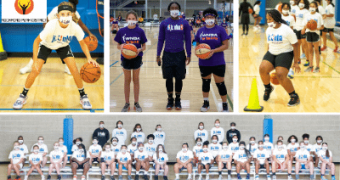 Rockford Park District Logo. Pictures of girls, wearing masks, playing basketball and sitting on bleachers.