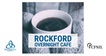 Rockford overnight Cafe. Picture of mittened hands holding a mug of coffee. Logos of Second First Church and CFNIL.