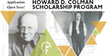 background graphic is a blueprint of a mechanical component. foreground includes two black and white pictures of a man wearing glasses. text reads application open now! Howard D. Colman Scholarship Program