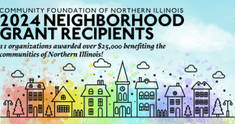 graphic of blue sky white clouds and black line drawing of row of houses