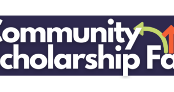 Purple arrow overlaid with the words 2022 Community Scholarship Fair