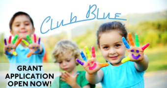 Club Blue Grant Application Open Now. Picture of three children, with paint on their hands, smiling at the camera
