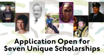 Photos of seven people. Text reads Application Open for Seven Unique Scholarships