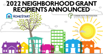 graphic of colorful houses and buildings along a street. sunshine, clouds, and trees in the background. Title reads: 2022 Neighborhood Grant Recipients Announced