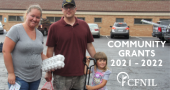 Family with groceries. Community Grants 2021 - 2022. CFNIL logo