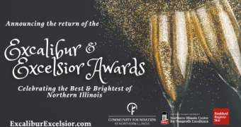 Picture of champagne flutes spilling gold glitter in background. Text reads Announcing the return of the Excalibur and Excelsior Awards, celebrating the best and brightest of northern Illinois