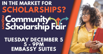 picture of a girl carrying books with a description of the community scholarship fair