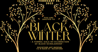 gold trees on a black background. text reads: February 25, 2023, you are invited to Black Winter - A Formal Gala in Celebration of Black Scholarship -
