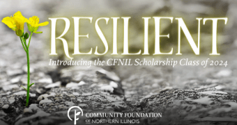 Grey blurred background with a bright yellow flower in the foreground. Text reads "Resilient, introducing the CFNIL Scholarship Class of 2024
