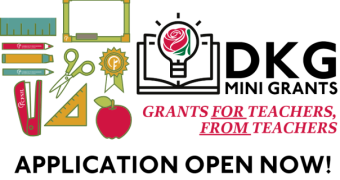 bright colored classroom supplies such as pencils and rulers at the left border. Logo at right reads DKG Mini Grant Program: Grants for teachers, from teachers